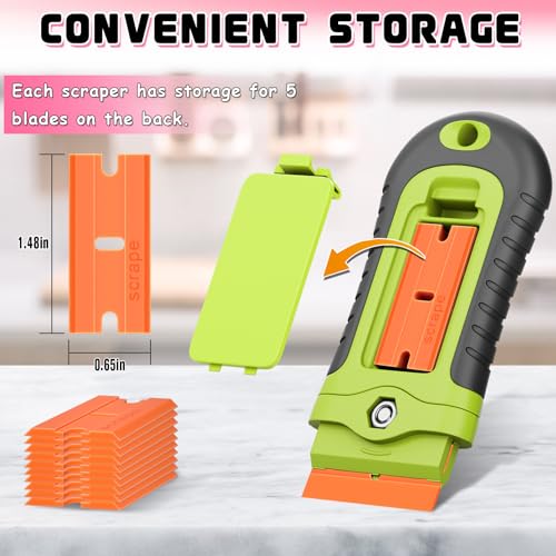 DIYSELF 2 Pcs Plastic Razor Blade Scraper with 10 Pcs Blades, Plastic Scraper Tool for Adhesive Remover, Scrapers for Cleaning Stickers, Decals, Glass, Windows, Car, No Scratches (Green) - color: Green-plastic Blades, size: 2 Pack