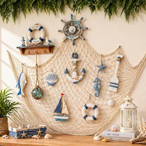 Decorative Fishing Net 80x40 Inch, Large Decorative Fish Netting Table Runner, Wall Photo Hanging Fishnet for Nautical Mermaid Pirate Ocean Themed Hawaii Beach Under the Sea Party Decorations, Beige - color: Beige