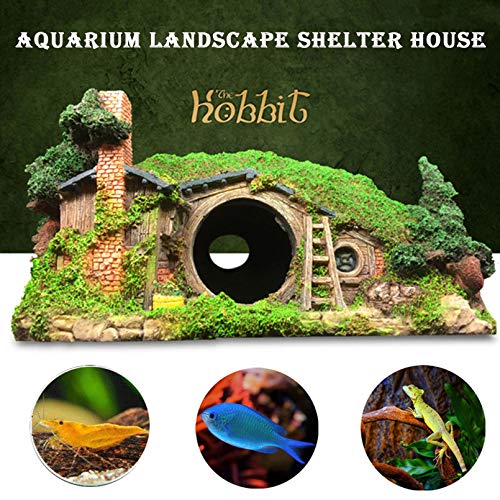 Large Aquarium Decoration Hobbit House Cave, 10.6 * 7 * 5.9 inches Resin Fish Hideout Betta Hiding Reptile Hole Shelter Snake Tank Fish Tank Ornament Rockery Landscaping
