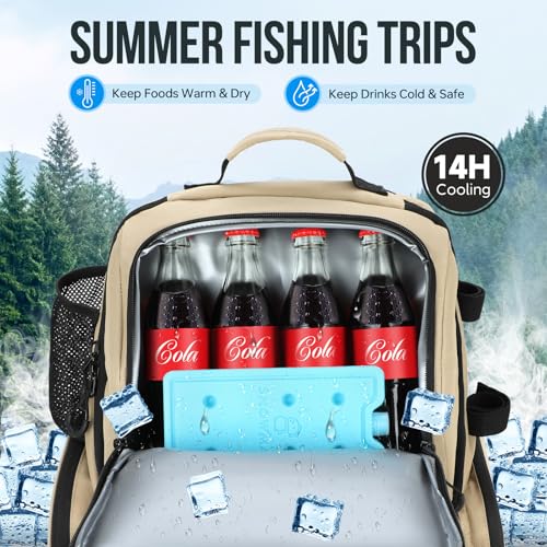 PLUSINNO Cooler Fishing Backpack with Rod Holders 45L Large Water-resistant Fishing Tackle bag Store Fishing Gear Fishing Gifts for Men Father - color: Khaki