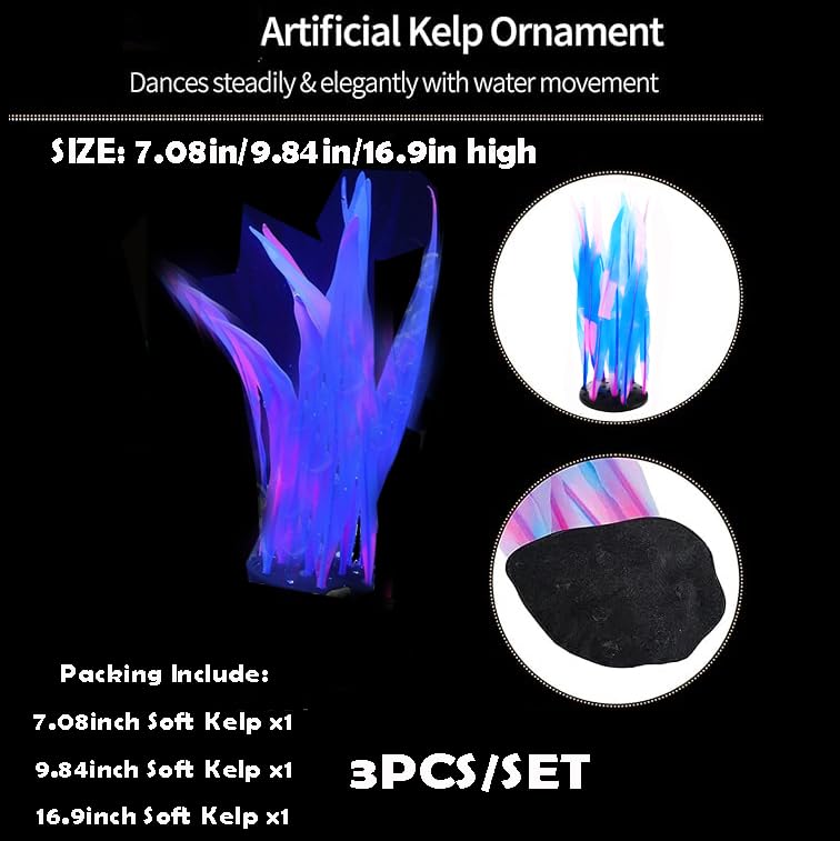 3Pcs Soft Silicone Aquarium Plants Set Glowing Kelp Fish Tank Plants Decor Artificial Blue Aquarium Plant Simulation Artificial Water Grass for Fish Tank,7.08in9.84in16.9in - color: Blue, size: 7.08in/9.84in/16.9in