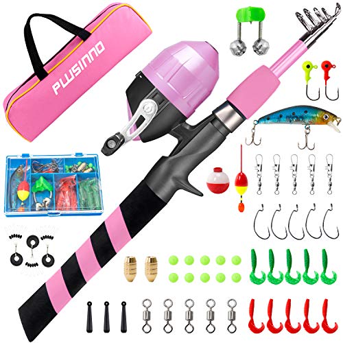 PLUSINNO Kids Fishing Pole, Portable Telescopic Fishing Rod and Reel Combo Kit - with Spincast Fishing Reel Tackle Box for Boys, Girls, Youth - color: Pink, size: 4.92 ft