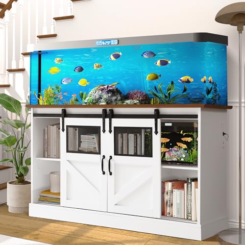 55-75 Gallon Fish Tank Stand with Sliding Barn Doors & Power Outlet, Heavy Duty Aquarium Stand with Cabinet Storage for 2 Fish Tank/Turtle Tank/Reptile Terrarium Accessories, 1260LBS (White) - color: White