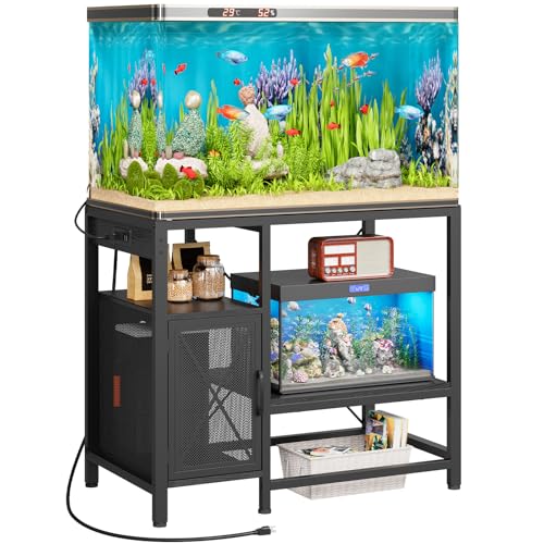 MAHANCRIS 40-50 Gallon Fish Tank Stand, Aquarium Stand with Power Outlet and Storage Cabinet, Heavy Duty Tank Stand Suitable for Turtle Tank, Reptile Terrarium, for Home Office, Black FTBK50E01