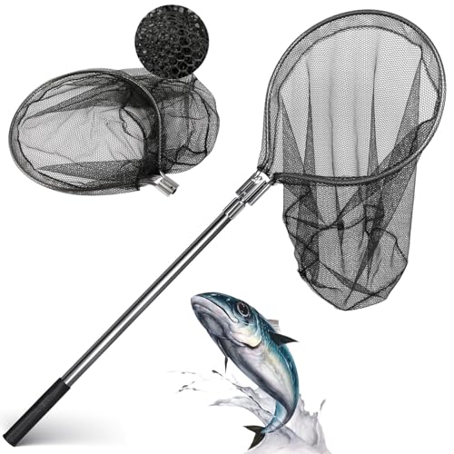 Heavy Duty Extra Large Rubber Fishing Net - Aluminum Telescoping Handle (67-100in), 20in Net Opening for Saltwater Fishing