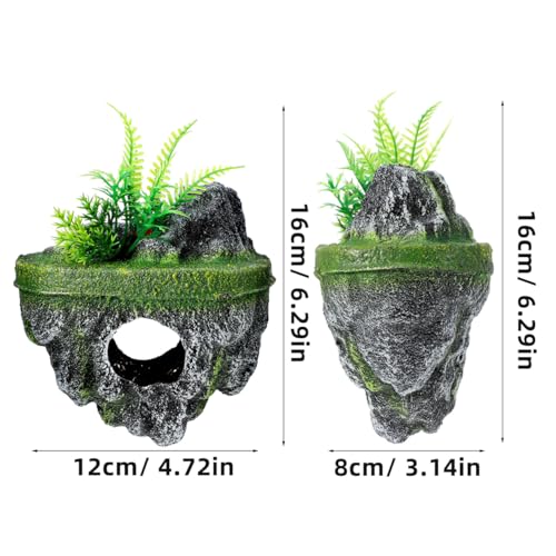 Garneck 2Pcs Floating Island for Aquarium Decor: Resin Suspended Stone with Hideout Tunnel & Artificial Plants for Betta Guppy Shrimp Hermit Crabs Fish Tank Landscape Ornament