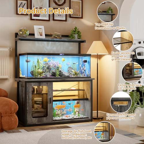 Unikito 55-75 Gallon Fish Tank Stand with Power Outlets & LED Light, Heavy Duty Aquarium Stand with Reversible Cabinet for Tank Accessory Storage, Reptile/Terrarium Stand, Black Oak