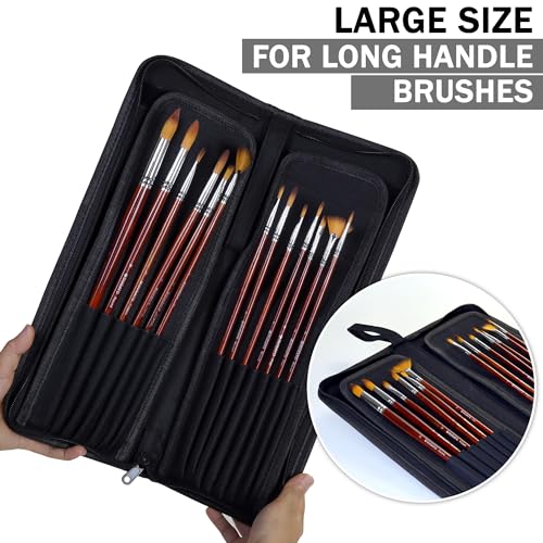 DUGATO Long Canvas Paint Brush Holder Zippered 5.7x14.8 inches, Premium Art Case for Brushes Long Handle up to 13" Length, 15 Slots Storage for Artist (Brush Not Included) - Black - color: Black, size: Large 5.7x14.8 inches