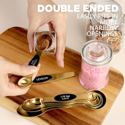 ChefAide Pack of 8 Stainless Steel Magnetic Measuring Spoons Set, Dual Sided, Stackable, Adjustable Teaspoon and Tablespoon Measure Spoon with Leveler, Kitchen Gadgets - color: Gold, size: Magnetic Measuring Spoons