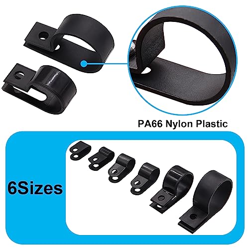 TWTADE 306PCS Black Cable Clamps Nylon Plastic R-Type 6 Sizes 3/16'' 1/4'' 3/8'' 1/2'' 3/4'' 1'' Cable Mounting Wire Clips Assortment Kit with Screws for Wire Management H-049 - color: Black-306PCS