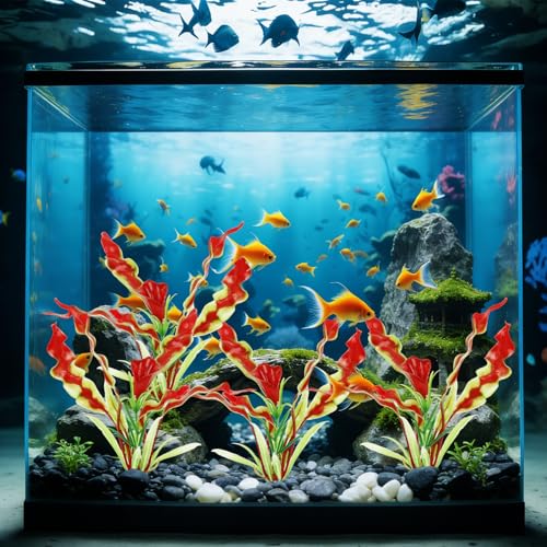 4 Pack Plastic Aquarium Plant Set, 7.1 Inch Deep Red Artificial Fish Tank Plants with Base for Aquarium Decor Accessories Fish Tank Decorations - color: Dark Red