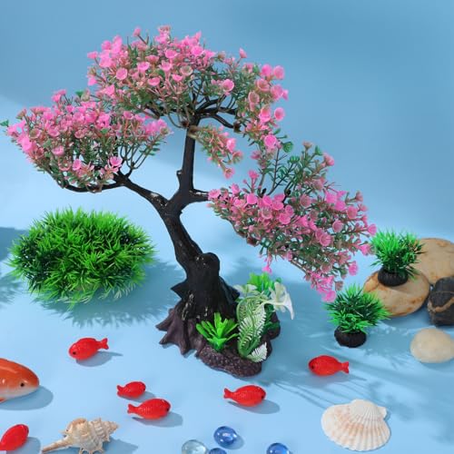 Beaupretty 1 Set Artificial Aquarium Plants Pink Cherry Blossom Tree Decor Fish Tank Tree Decorations Plastic Realistic-Plants Turtle Tank Plants Aquatic-Plants Grass Flowers
