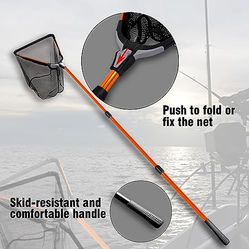 Fiblink Folding Aluminum Fishing Landing Net Fish Net with Extending Telescoping Pole Handle - style: Orange--extend Length: 59-118 Inches