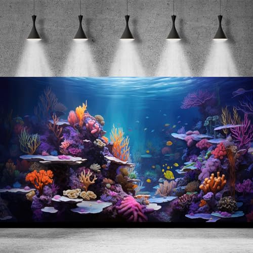 Underwater Aquarium Background Vibrant Coral Reef and Tropical Fish Groups Sunbeams Terrarium Background Decorations Ocean Waters Fish Tank Backdrop Poster Wallpaper Decorations Vinyl 24x12in - color: Coral Purple, size: 24(W)x12(H)in