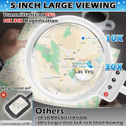 30X 10X Large Floor Magnifying Glass with Light and Stand,72 LED Flexible Gooseneck Floor Magnifying Lamp,2 in 1 Lighted Magnifiers for Close Work, Sewing,Crafts,Hobbies（White） - color: White