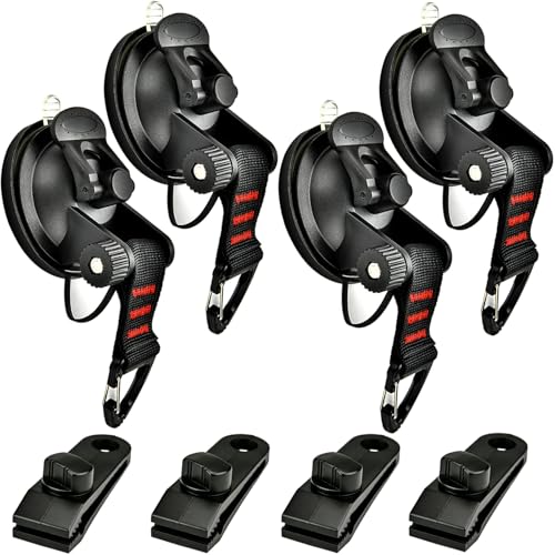 4 Pcs Heavy Duty Suction Cups Anchor with Security Hooks - Outdoor Strong Suction Cups with 4 Pcs Tarp Clips Multipurpose Car Camping Accessories Suction Cup for Car Awning Boat Camping Trap Tie Down