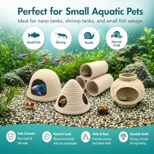 4PCS Betta Fish Tank Accessories, Fish Aquarium Decoration Hideout Caves for Fish Shrimp Crab to Breed, Rest and Play, No Paint, Natural Ceramics Triple Tunnel, Triangle Jar, Lantern & Cave House