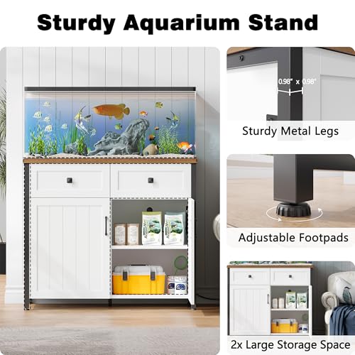 Pipleo 40-50 Gallon Aquarium Stand with Power Outlets, Cabinet for Fish Tank Accessories Storage, Heavy Duty Metal Fish Tank Stand Suitable for Turtle Tank, Reptile Terrarium, 660LBS Capacity, White