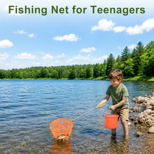 M METERXITY 1-Set Telescopic Fishing Net for Teenagers, Extendable 18.89 Inches Adjustable Handle Small Nets with Bucket for Catching Bug/Small Fish/Shrimp/Aquarium/Outdoor [Orange]