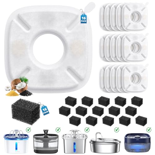 32 Pcs Cat Water Fountain Filters for Veken 95oz/2.8L, 67oz, 135oz Dog Water Fountain Automatic Pet Fountain Dog Water Dispenser 16Pcs Pet Fountain Filter Replacement & 16Pcs Pre-Filter Sponges