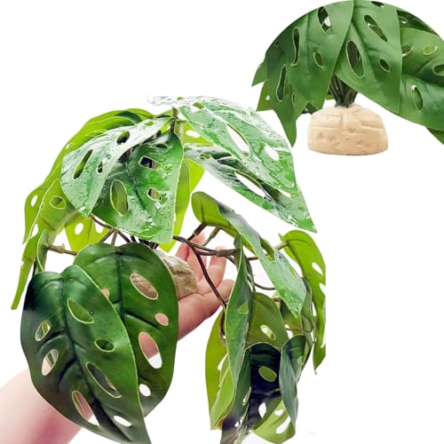 Reptile Plants for Terrarium Decor,Amphibian Habitat Decor, Bearded Dragon Tank Accessories,Artificial Plants for Gecko Chameleon Snake Tortoise with Base (Swiss Cheese) - color: Swiss Cheese