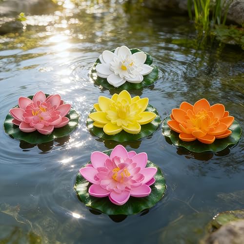 5pcs Floating Foam Lotus Flowers with Lily Pads, Artificial Pond Plants Ornaments for Pool Aquarium Water Decoration, Colorful