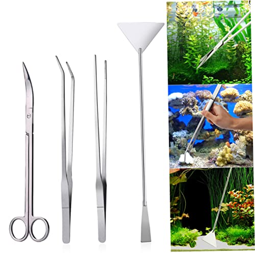 Stainless Steel Aquarium Plant Tweezers Set 4PCS Aquatic Tools Scissors and Spatula for Aquascaping for Fish Tank Maintenance and Plant Arrangement