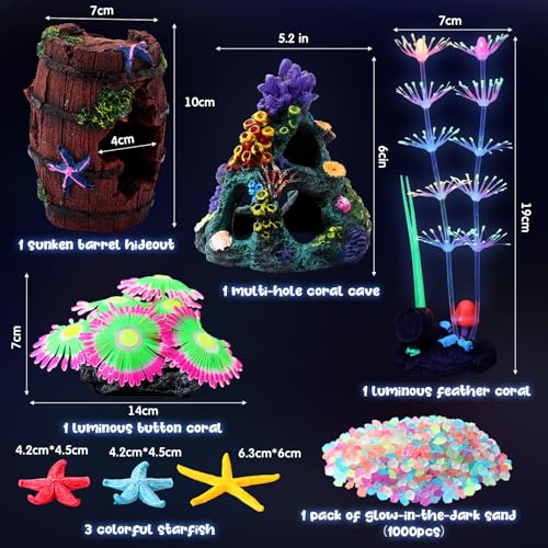 8 Pcs Aquarium Decorations Large Fish Tank Decorations Colorful Coral Reef Broken Barrel Decor Glowing Artificial Plants Ornament Resin Starfish Rainbow Glow in the Dark Fish Tank Gravel