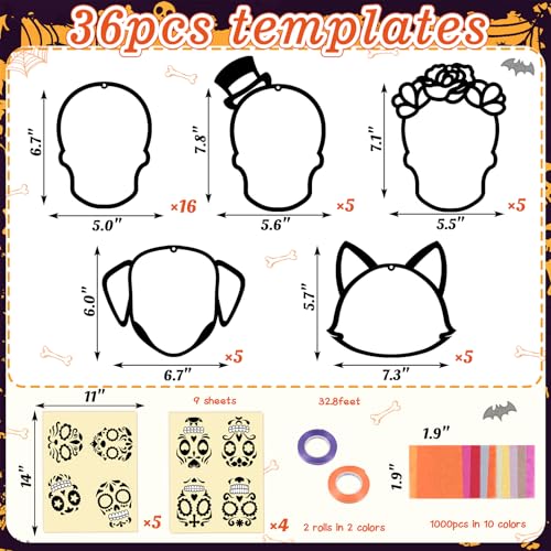 Renbuzhu 36PCS Dia De Los Muertos Crafts Bulk: Sugar Skull Paper Suncatchers DIY Kit for Day of The Dead Halloween Party Activities Decorations, Window Stained Glass Effect Art Supplies - style: dia de los muertos