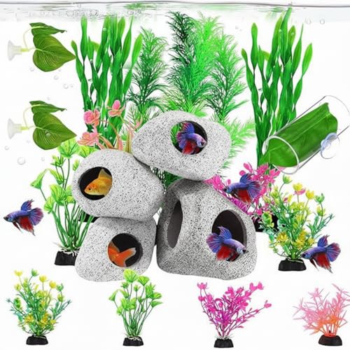 Kathfly 18 Pcs Aquarium Decorations Rock Set 4 Hideaway Rock Cave 2 Betta Fish Leaf Pad 1 Acrylic Tube Tunnel 11 Artificial Seaweed for Aquatic Pets to Breed Play and Rest Betta Shrimp Habitat