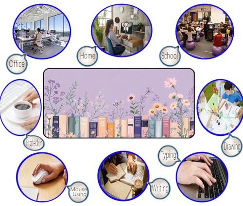 Purple Book Desk Pad Mat XXL, Lavender Flower Large Mousepad, Game Desk Mat, Extended Laptop Keyboard Mats, Cute Desktop Protection Pad, Women's Home Office Desk Decoration 31.5"X15.7" - color: Purple Lavender