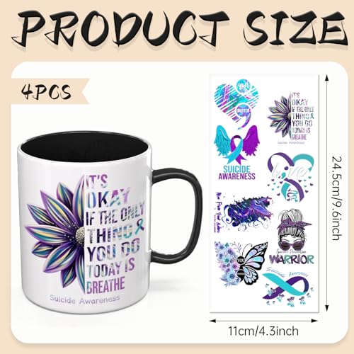 UV DTF Cup Wraps, 4 Sheets Suicidal Prevention Ribbon 16oz Glass Cups, Clear Transfer Stickers for Tumblers and Bottles, Assorted Pattern Set - style: Suicidal Prevention Ribbon