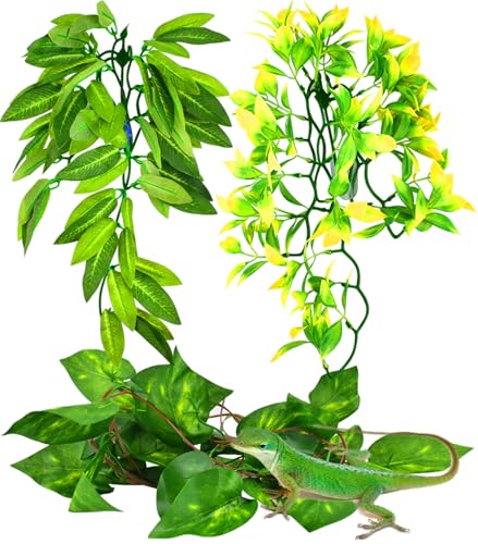 KATUMO Reptile Plants, 3 PCS Amphibian Hanging Plants with Suction Cup for Lizards, Geckos, Bearded Dragons, Snake, Hermit Crab Tank Pets Habitat Decorations - color: Green+yellow