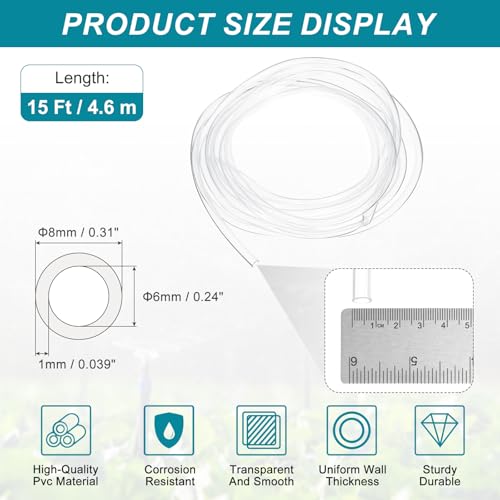 uxcell 1/4 Inch Clear PVC Tubing, 6mm ID x 8mm OD - 15ft PVC Tube Lightweight Vinyl Hose, Transparent Flexible Plastic Water Tubing for Air Oil Water Transfer Aquarium Irrigation - size: 6mm ID x 8mm OD