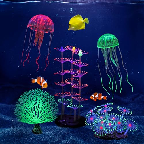 Lpraer 5 Packs Glow Aquarium Decorations Branch Coral Tree Glowing Jellyfish Simulation Glow Plant Glowing Effect Silicone for Fish Tank Decorations - color: 5 Pcs(branch Coral+coral Tree+coral And+2x Jellyfish)