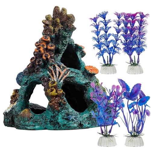 Uniclife Aquarium Decor, Fish Tank Decorations, Realistic Resin Coral Reef Rock Ornament & Plants Set for Fish Tank Decor, Colorful Aquarium Cave Decorations for Freshwater & Saltwater Tanks - style: Green Coral Tower + Purple Seaweed