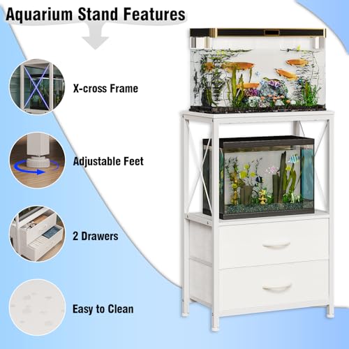 Fish Tank Stand 10 Gallon with 2-Tier Shelf, Aquarium Stand with 2 Drawers, Metal Frame Heavy Duty Reptile/Turtle Tank Stand for Home Office, Fish Tanks Accessories Storage, White - color: White