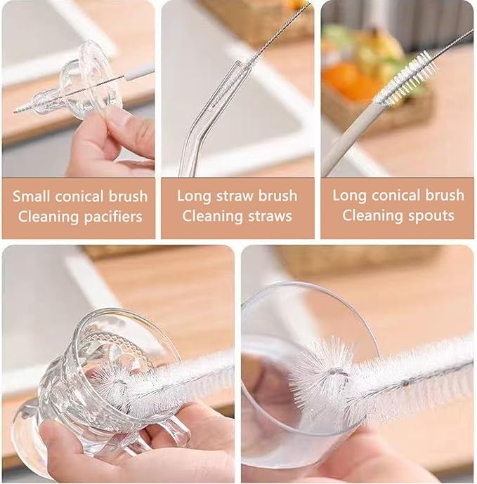 5-Pack Straw & Bottle Cleaning Brushes, Long Handle Nylon Brush Set for Water Bottles, Tumblers, Sippy Cups & Drinking Tubes