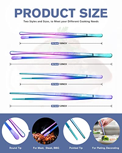 4 Pcs Fine Long Tweezer Tongs Professional Rainbow, 12'' and 10'' Stainless Steel for Kitchen, Food, Cooking, Repairing, Sea food and BBQ - color: Rainbow