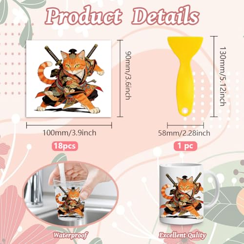 Peacoblue 18 Sheets Rub on Transfers for Crafts, Samurai Cat 3.6"x3.9" UV DTF Cup Wraps Waterproof Cold Transfers Stickers for Wood Glass Metal Cup Tumblers Mirrors Mugs Home Decor - style: Samurai Cat