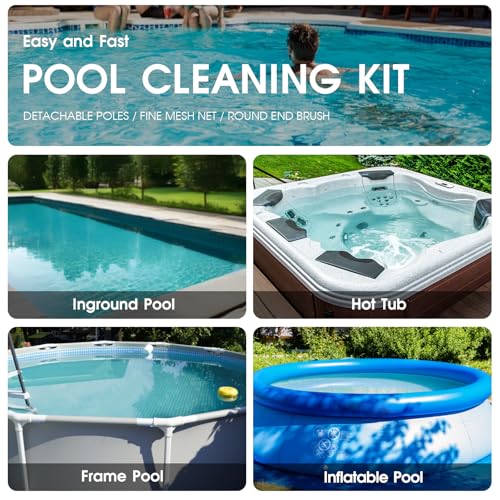 TidyMister 3PCS Cleaning Kit - 12.5'' Brush With Round End & 11'' Skimmer Net Fine Mesh & 5.7 Feet Thick Aluminum Pole 5-Segment, for Above Ground & Inground Pools Ponds - size: 11inch with 5.7ft pole