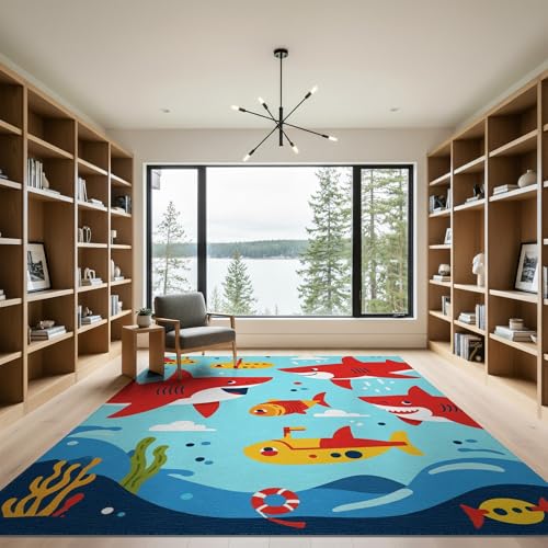 9'x12' Washable Modern Fish Oversized Rug, Yellow Non-Shedding Pet Friendly Carpet for Master Suite, California King, Under Bed, Foldable Easy Care Mat | Ref:2070041 - color: Blue/Pattern 18, size: 9' x 12' (Rectangular)