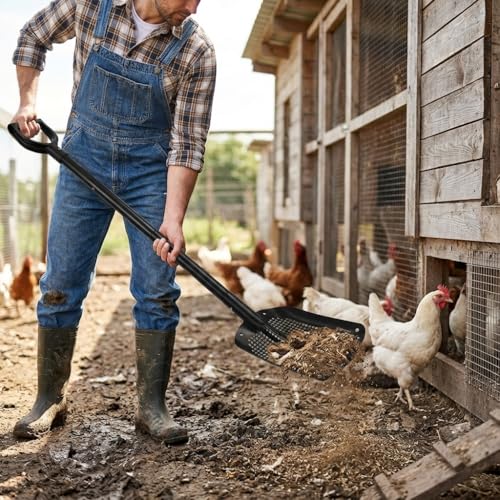 VYNTRA 47.7" Metal Sifting Shovel, Adjustable Sand Sifter for Chicken Coop, Farm Goat Stall & Garden, Beach-Heavy Duty Durable Mesh Screen for Poop Cleaning Durable Sifter Shovel Ergonomic Grip Black