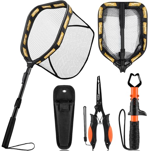 PLUSINNO Floating Fishing Net for Steelhead, Salmon, Fly, Kayak, Catfish, Bass, Trout Fishing, Rubber Coated Foldable Landing Net with Fixed or Telescoping Pole Handle, Fishing Gear and Gifts for Men - color: 11.8"/30cm Hoop Size 1.0M Orange (Telescopic)