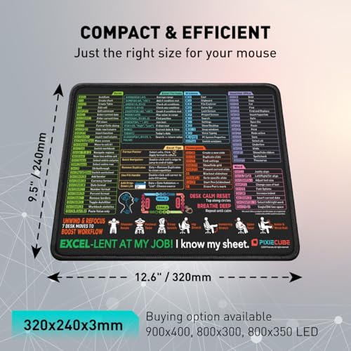 Pixiecube Excel Shortcut Mouse Pad with Windows, Word & PowerPoint Shortcuts - Small Excel Cheat Sheet Desk Pad | Non-Slip Stitched Gaming Mousepad | Large Mouse Pads for Desk Computers & Workstations - color: Excel Shortcuts, size: 12.6L x 9.5W inches