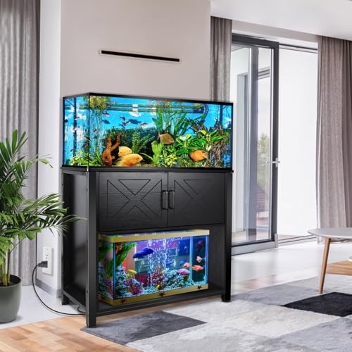 BEURUKU 40 Gallon Tank Stand with Cabinet and Power Outlets, Heavy Duty Metal Aquarium Stand for 40-50 Gallon Breeder Tank, Turtle Tank, Double Terrarium Stand, 660LBS Capacity, Black - color: Black, size: 40-50 Gallon