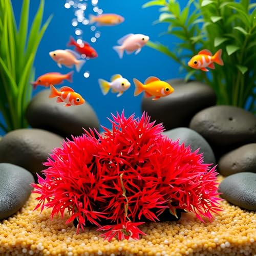 2Pcs Red Artificial Flowers, Fake Flowers, Artificial Pine with Base Grass Fish Tank Ornament Aquatic Plant Landscape Decor, Aquarium Décor