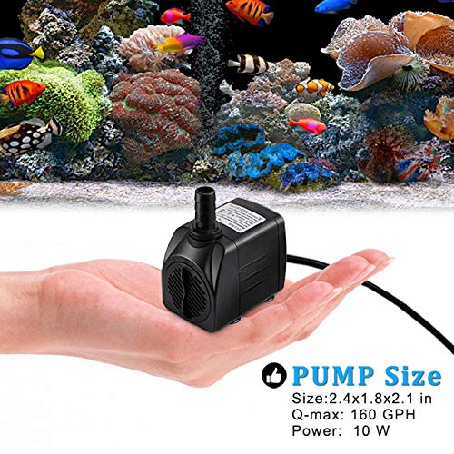 PULACO Small Submersible Pump (160GPH 10Watt), Ultra Quiet Fountain Pump (600L/H) with 3.3 ft Tubing for Aquariums, Pond Fountain, Water Feature, Indoor Fountains