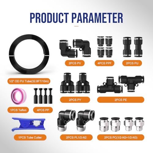 1/2 Air line,1/2 inch OD Air Hose Kit,Airline Tubing Repair Kit Compressor Tube with Push to Connectors Fittings(Black-32.8FT/10M) - color: Black, size: 1/2" OD