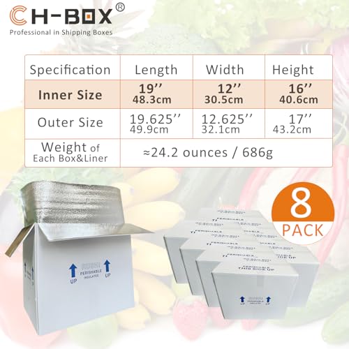 Insulated Cold Shipping Boxes with Liners, 8 Pack 19'' x 12'' x 16'', for Perishable Frozen Food, White (TB191216L-8) - size: 19x12x16'', style: 8 Pack
